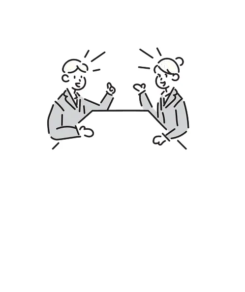 机の対面に座って会話をしている男性職員と女性職員のイラスト