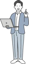 ノートPCを持って説明している男性職員のイラスト