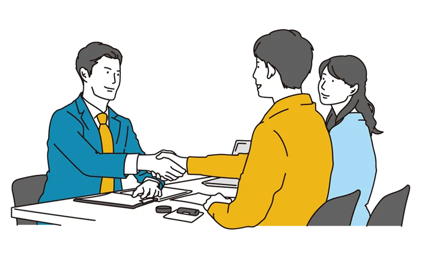 PCや書類を机に広げ、打ち合わせをする3人のイラスト