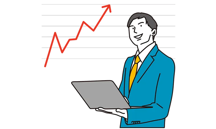 右肩上がりのグラフとPCを持つ男性職員のイラスト