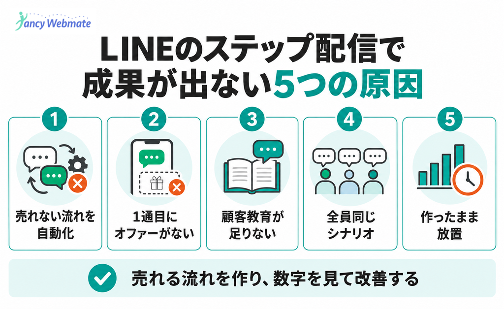 LINEステップ配信で成果が出ない5つの原因を示した図