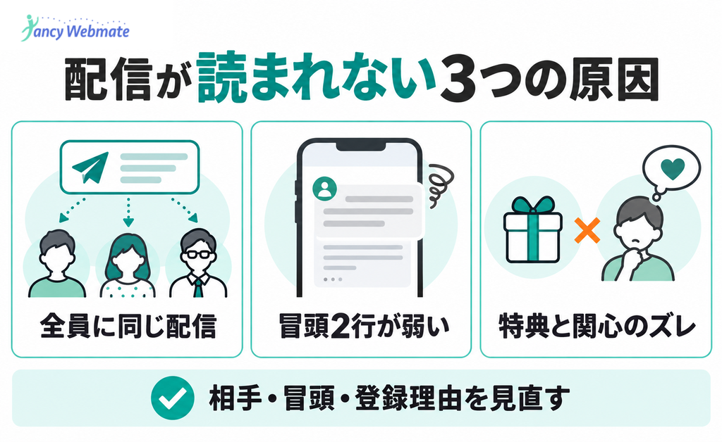 LINEの配信が読まれない3つの原因を示した図